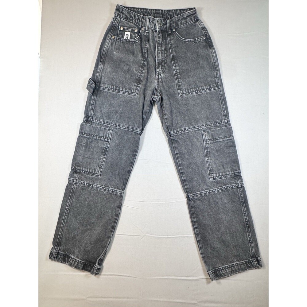 Women's Ragged Jeans Gray Wash High Rise Cargo Denim Jeans Regular Fit Pockets